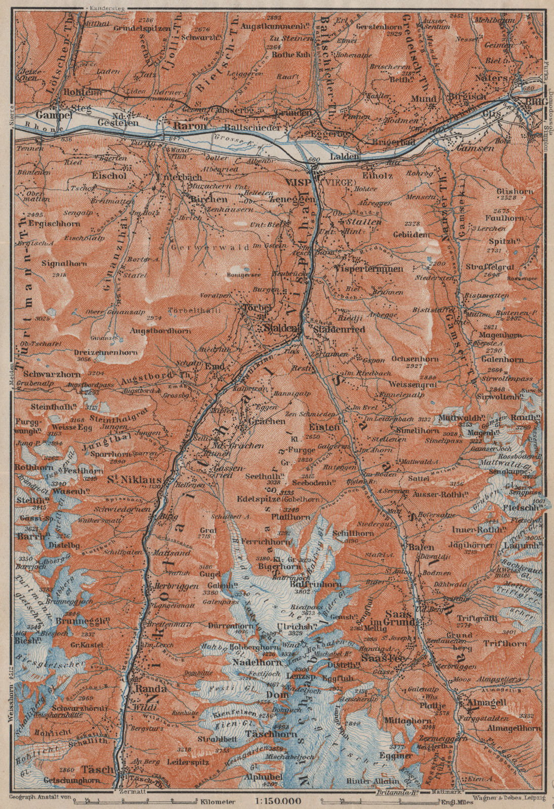 STALDEN/SAAS-FEE AREA. Mischabel Group Grächen Dom Raron Randa Visp 1913 map